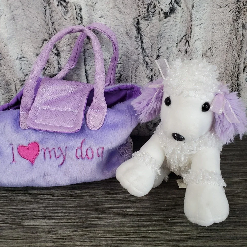 White And Lavender Purple Plush POODLE Dog And‎ Carrying Purse I LOVE MY DOG